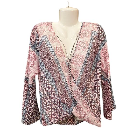 Venus Women's Multicolor Boho-Inspired Print Surplice Neckline Sheer Blouse SZ M - Picture 6 of 11